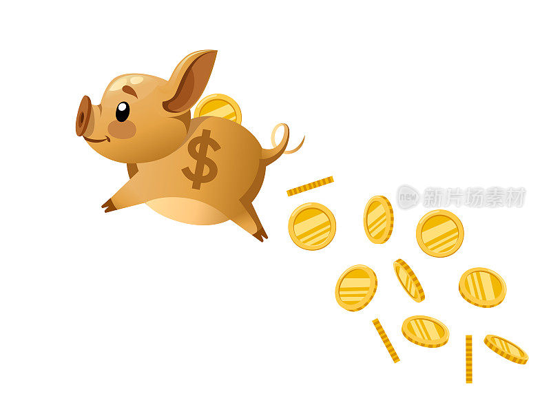 Golden piggy bank flying and drop coin. The concept of saving or save money or open a bank deposit. Flat vector illustration isolated on white background